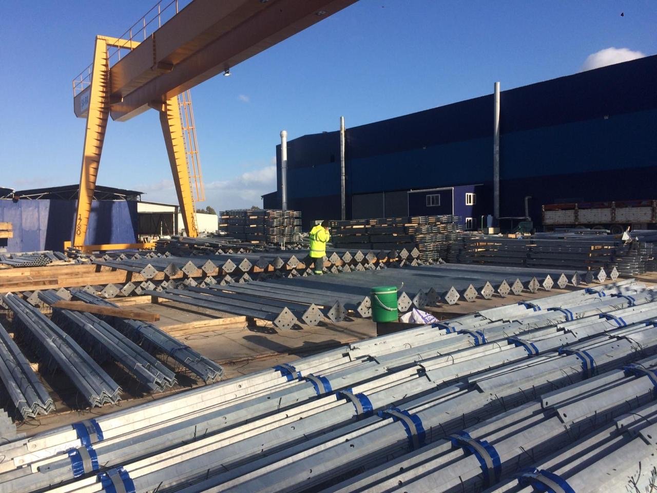 Tower sections laid out at the factory yard