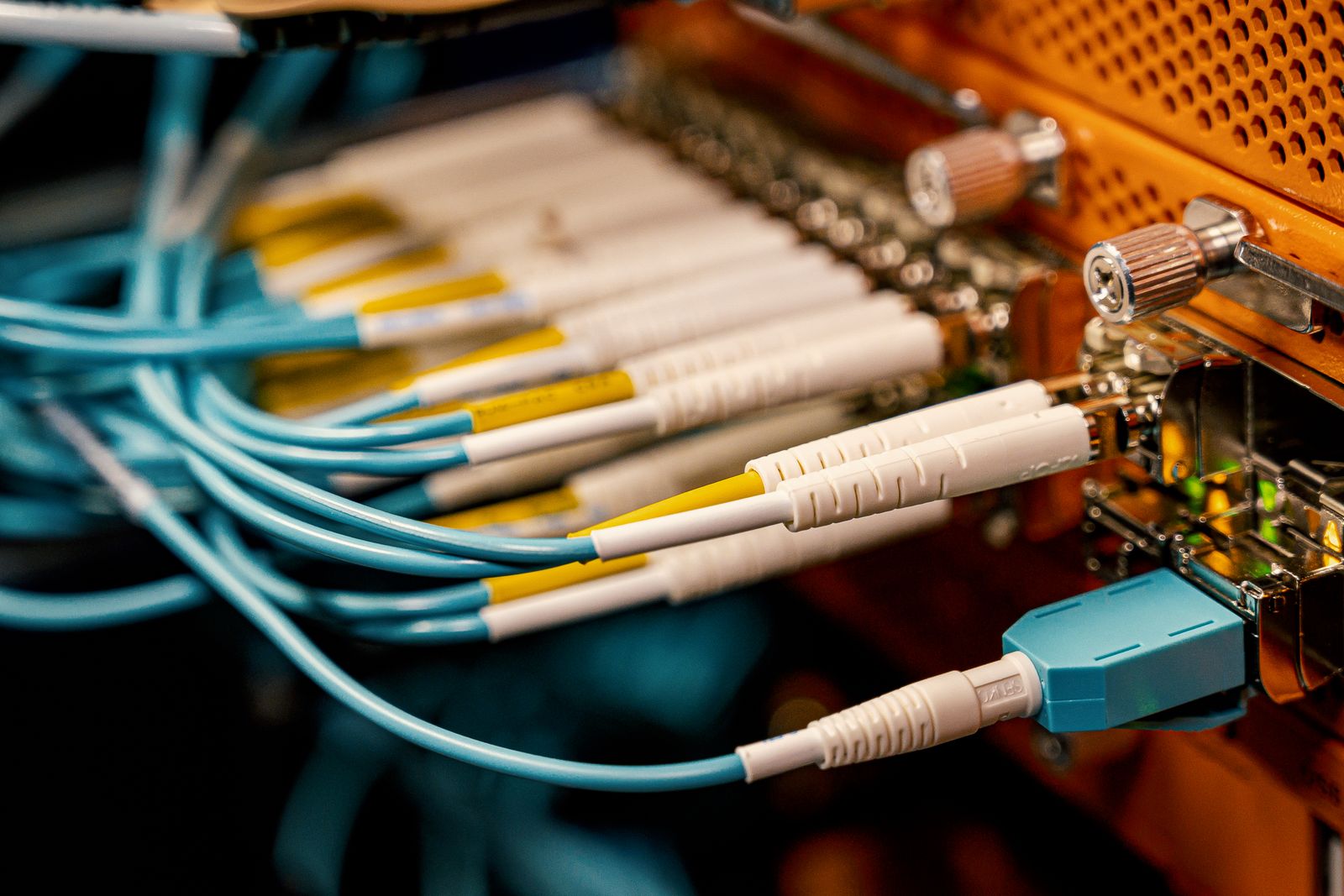 Fiber optic patch cables connected to a panel